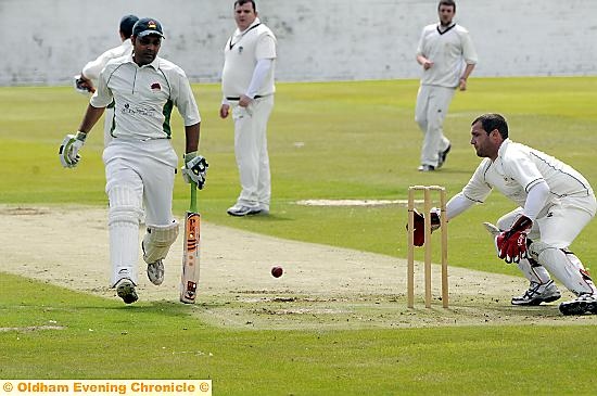 SAFELY HOME: Glodwick professional Rehan Rafiq makes up his ground during his terrific knock of 91.  