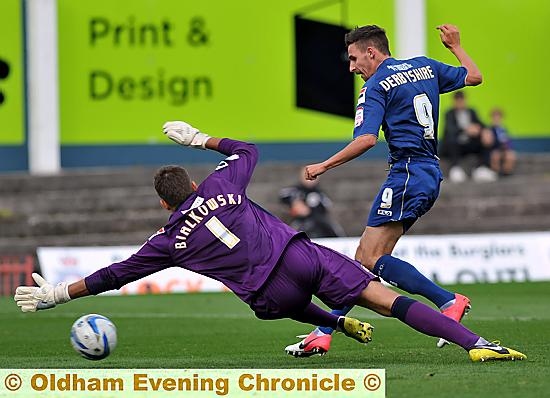 INSTANT IMPRESSION . . . new loan signing Matt Derbyshire slots home Athletic’s equaliser. INSTANT IMPRESSION . . . new loan signing Matt Derbyshire slots home Athletic’s equaliser.