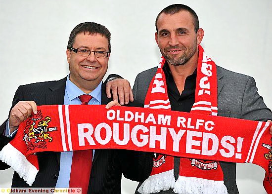 WELCOME ABOARD: new Oldham RL coach Scott Naylor (right) with club chairman Chris Hamilton. 