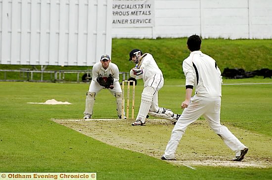 THAT’S OUT . . . Royton’s Craig Joy swings and misses at Heywood’s Joe Lovell and is subsequently stumped by Danny Pawson duing the local team’s nine-wicket defeat at the Paddock.
THAT’S OUT . . . Royton’s Craig Joy swings and misses at Heywood’s Joe Lovell and is subsequently stumped by Danny Pawson duing the local team’s nine-wicket defeat at the Paddock.