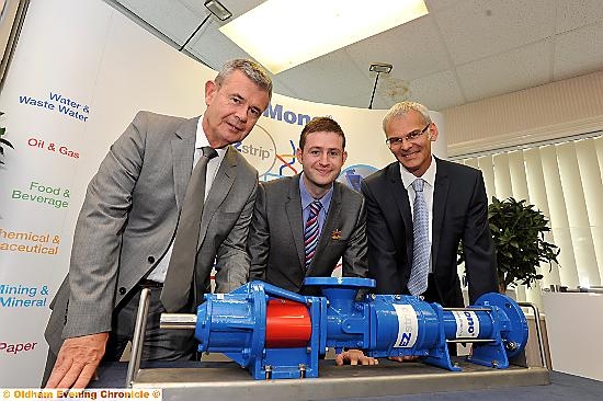 Leader of Oldham Council Jim McMahon (centre) with Nov Mono group managing director Paul Naylon (left) and his replacement Steve Valentine 
