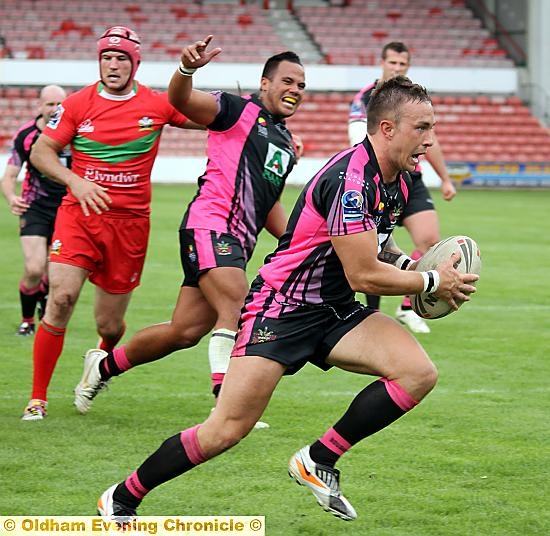 North Wales Crusaders v Oldham Rugby League Club. Danny Whitmore 4th try. 