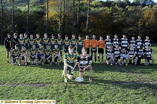 St Anne’s captain Patrick Casey and Saddleworth Rangers captain Harry Aronson and teams 