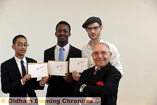 Oldham Enterprise Trust Awards and Loans event at Mahdlo. Trust Award Winners L to R Hassam Iqbal, Eric Bishyika, Ryan Davies, Norman Stoller. 
