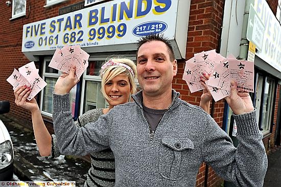 IT could be you . . . Five Star Blinds owner Shaun Kinsley and manager Kristina Farrelly with lottery tickets up for grabs
IT could be you . . . Five Star Blinds owner Shaun Kinsley and manager Kristina Farrelly with lottery tickets up for grabs