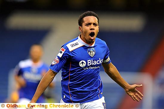 Athletic captain Korey Smith celebrates his wonder goal against Mansfield. All match Athletic captain Korey Smith celebrates his wonder goal against Mansfield. All match