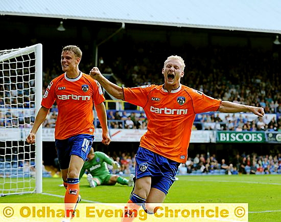 Athletic strikers Robbie Simpson (right) and Matt Smith celebrate the own goal that gave Athletic victory at Portsmouth in September. 
