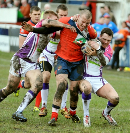 BARGING THROUGH: Josh Crowley in full flow against Gateshead Thunder. 