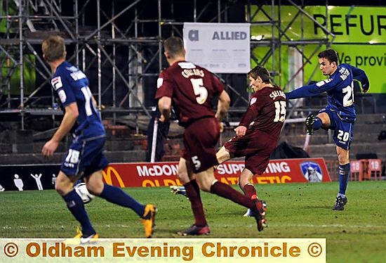 THAT SEALS IT: Jose Baxter slams home Athletic’s third goal against Hartlepool 