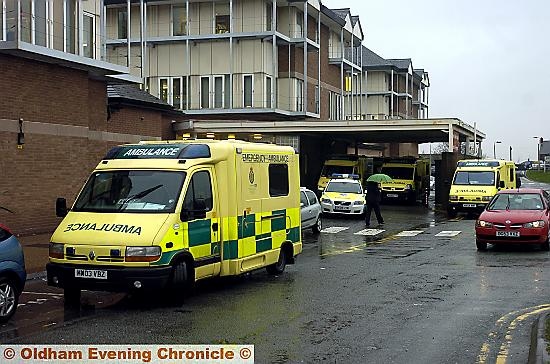 Ambulances arrive at the Royal Oldham Hospital.