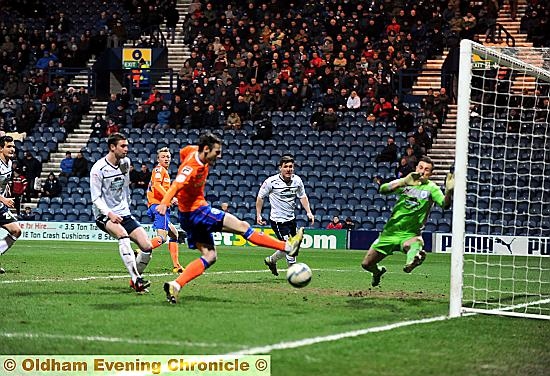 OH NO . . . Jonathan Grounds misses an open goal, though it wouldn’t have counted if he had scored as he was just offside. 