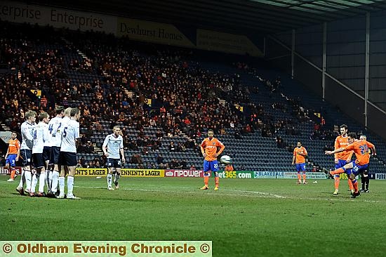 OUT OF LUCK . . . Jose Baxter goes close for Athletic with a 20-yard free-kick during last night’s 2-0 defeat at Preston. He was later booked and faces a two-match ban. 