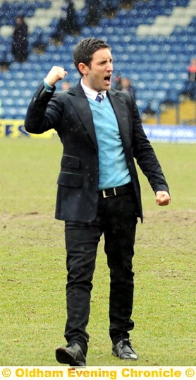OH YES! Athletic manager Lee Johnson celebrates a victory which boosts his team’s chance of npower League One survival. OH YES! Athletic manager Lee Johnson celebrates a victory which boosts his team’s chance of npower League One survival.