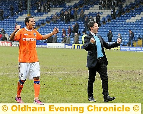 Korey Smith — newly signed on a further extension to the end of the season — and Lee Johnson celebrate the victory at Bury. Will they be doing the same at Boundary Park tonight? Korey Smith — newly signed on a further extension to the end of the season — and Lee Johnson celebrate the victory at Bury. Will they be doing the same at Boundary Park tonight?