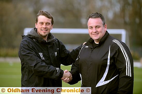 Royton Town vice-chairman Phil Haigh (left) has handed over the team’s managerial reins to Mark Howard.
Royton Town vice-chairman Phil Haigh (left) has handed over the team’s managerial reins to Mark Howard.