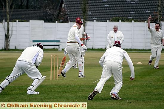Crompton batsman Danny Taylor is dismissed by Werneth bowler Joe Taylor. Crompton batsman Danny Taylor is dismissed by Werneth bowler Joe Taylor.