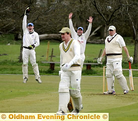NOT OUT: Saddleworth batsman Steven Howard survives a big appeal from Bamford Fieldhouse wicketkeeper Nick Brierley and slip fielder Simon Wright. NOT OUT: Saddleworth batsman Steven Howard survives a big appeal from Bamford Fieldhouse wicketkeeper Nick Brierley and slip fielder Simon Wright.