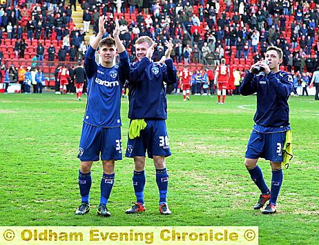TAKE A BOW: Jack Truelove (left), Joe Cooper and Danny Gosset clap Athletic fans at end of Saturday’s game against Leyton Orient. TAKE A BOW: Jack Truelove (left), Joe Cooper and Danny Gosset clap Athletic fans at end of Saturday’s game against Leyton Orient.