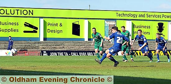 LIFELINE: Jose Baxter pulls a goal back from the penalty spot 