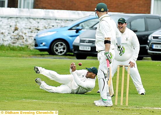 NOT THIS TIME . . . Moorside slip fielder Dave Walters fumbles a catch in Saturday’s LCB Cup romp against Ramsey. NOT THIS TIME . . . Moorside slip fielder Dave Walters fumbles a catch in Saturday’s LCB Cup romp against Ramsey.