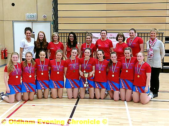 PROUD . . . Oldham’s unbeaten team show off their trophy after national under-16s championship success at Northumbria University. 