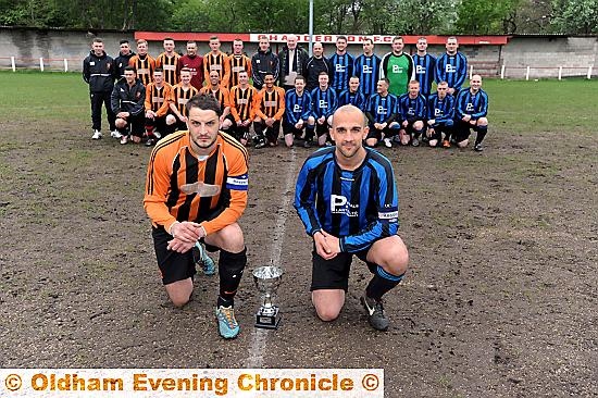 READY FOR BATTLE: The Oldham Sunday League President’s Trophy finalists are pictured at Chadderton FC. Limeside captain Chris Roberts (left) fronts his team alongside opposite number Damien Schofield. READY FOR BATTLE: The Oldham Sunday League President’s Trophy finalists are pictured at Chadderton FC. Limeside captain Chris Roberts (left) fronts his team alongside opposite number Damien Schofield.