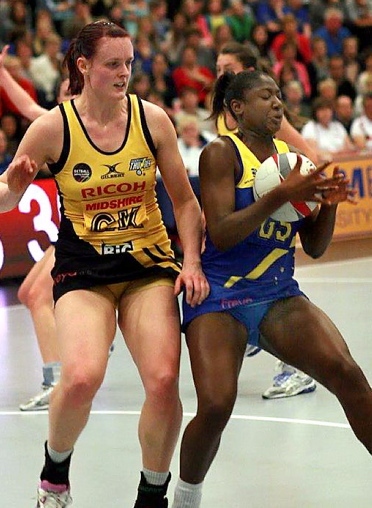 Kerry Almond of Thunder puts pressure on Team Bath’s Kadeen Corbin. Kerry Almond of Thunder puts pressure on Team Bath’s Kadeen Corbin.