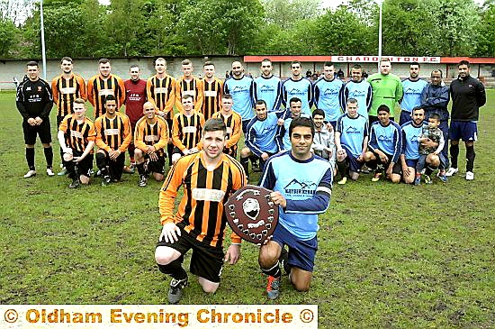 LINE-UP . . . captains Jonathan Bond (Limeside King George) and Shez Rashid (Coppice United) with their teams. 
