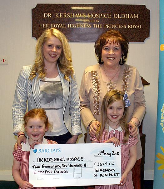HEARTFELT thanks . . . Sarah Taylor (left) Pauline Holt, and Sarah’s children Emily and Holly hand over a cheque to Dr Kershaw’s in memory of Kenny 
