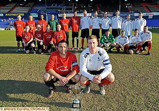 LINE UP . . . Captains Andrew Walker (Rifle Range, left) and Jamie Hill (Crompton House) front up their teams before last night’s final 
