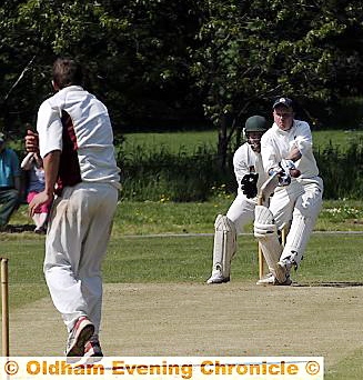 Gareth Dent of Droylsden hits a boundary on his way to 90. Gareth Dent of Droylsden hits a boundary on his way to 90.