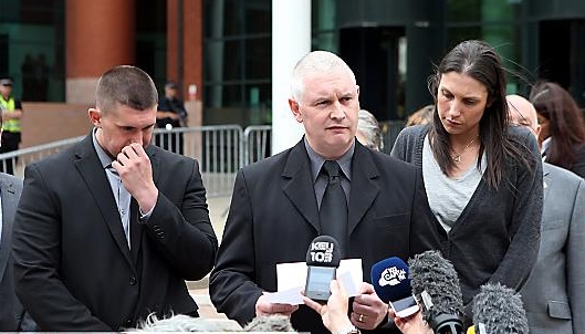 SHATTERED . . . Nicola’s father Bryn reads a statement outside court