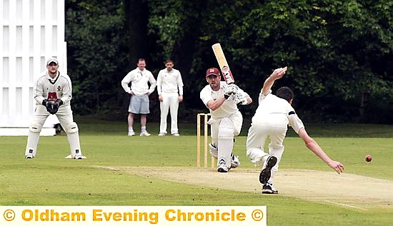 LUCKED OUT . . . Heywood bowler Riley Paterson deflected a powerful drive from Darren Graham on to Michael Pote’s stumps, running him out.  
