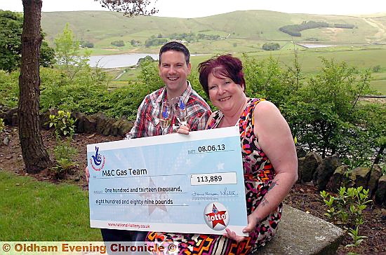 FEELING flush . . . work colleagues Lynn Molloy and James Hartley celebrate their big win at the Saddleworth Hotel 


