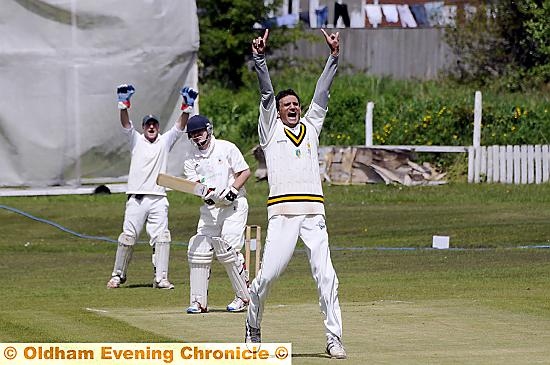 SO CLOSE . . . Moorside’s Danny Anchor survives an lbw appeal by Stayley’s Mudassar Butt. 