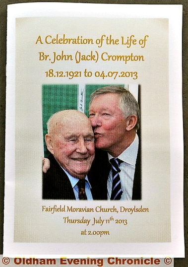 THE order of service — featuring a playful photograph from the Oldham Evening Chronicle of Jack with Sir Alex Ferguson 