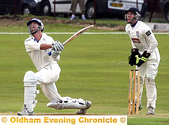 BIG HIT . . . Heyside’s Gerrie Snyman smashes a six. BIG HIT . . . Heyside’s Gerrie Snyman smashes a six.