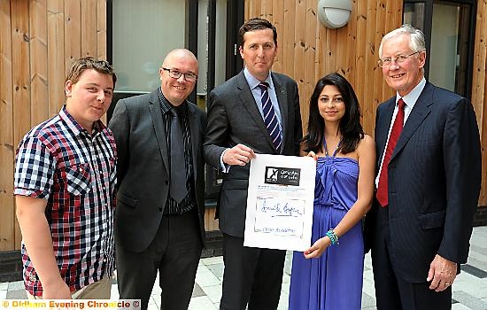 CURRICULUM for life . . . (from left) Dylan McAughey (deputy member for Youth Parliament), Carl Heatley (Assistant Principal at Oasis Academy), Principal David Hayes, Mariam Waseem (Youth Parliament member) and MP Michael Meacher 

