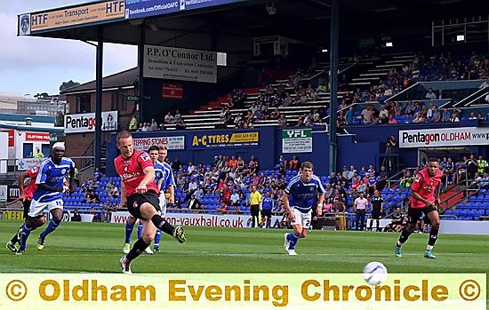 ON THE SPOT . . . Adam Rooney slots home a penalty to cancel out Macclesfield’s first-half opener. 