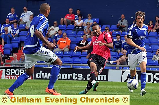 DOUBLE-UP . . . Cristiano Montano fires home his second goal against Macclesfield. 
