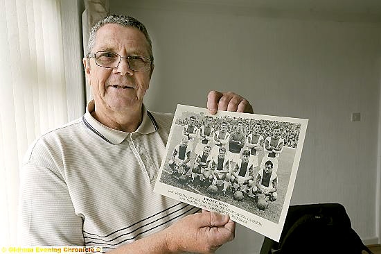 memories of made of this . . . Albert Jackson points to himself in an Athletic team line-up from the 1964-65 season. Jimmy Frizzell (back, left), Jackson, Ken Brannagan, Johnny Bollands, Allan Lawson, Alex Cameron; Bob Ledger (front, left), Bobby Craig, Jimmy Harris, Jim Bowie, Johnny Colquhoun. 
