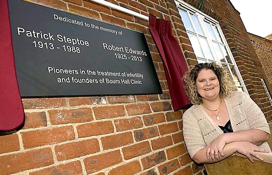 REMEMBERING where it started: Louise Brown unveils a plaque to honour IVF pioneers gynaecologist Patrick Steptoe and reproductive biologist Robert Edwards at Bourn Hall, the clinic they founded in Cambridge. 
