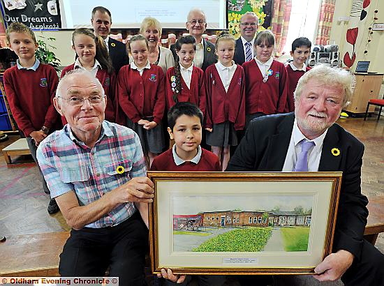 HAPPY memories . . . (front, from left) artist David Ford, pupil Sol Dean and Christine Taylor’s husband, Jack, with the painting. 
