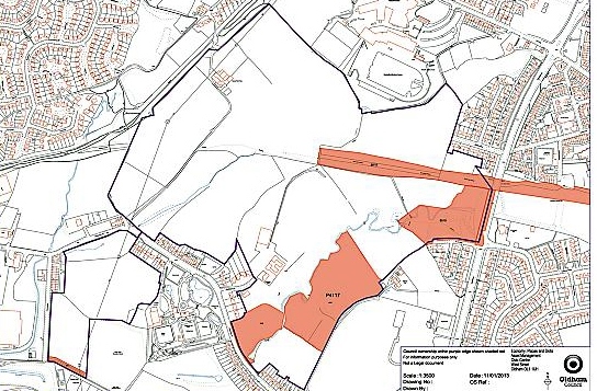 A plan used by Foxdenton and District Protection Group shows the outline of the 120-acre proposed development, with the shaded areas showing the council-owned land
A plan used by Foxdenton and District Protection Group shows the outline of the 120-acre proposed development, with the shaded areas showing the council-owned land