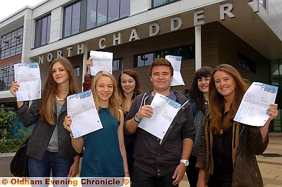 A-MAZING success: North Chadderton School pupils, from left, Abbie Heap, Taylor Langley, Emma Froggatt, Rhys Smith, Charlotte Greaves and Lilly Newton celebrate their A-level results today 
