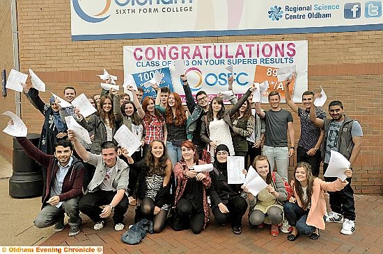 CELEBRATION: Students at Oldham Sixth Form College with their results 
