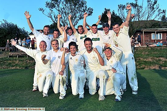 Heyside are the T20 kings again! Heyside captain Ryan Barnes (front, centre) leads celebrations after his side retained the Saddleworth League Twenty20 title on Monday in a thrilling win against Moorside. Heyside are the T20 kings again! Heyside captain Ryan Barnes (front, centre) leads celebrations after his side retained the Saddleworth League Twenty20 title on Monday in a thrilling win against Moorside.