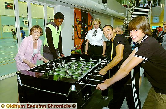FORMER “That’s Life” star Esther Rantzen (left) was on the ball when she enjoyed a game of table football at Mahdlo. Chief Supt Catherine Hankinson (rear) was ref! 
