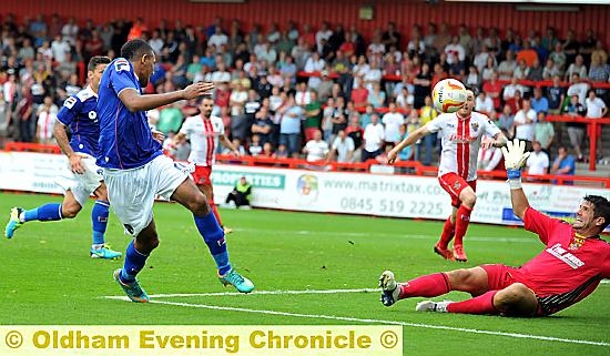 WHAT A STUNNER: Cristian Montano completes a fantastic run with a deft finish which leaves Chris Day on the turf. 