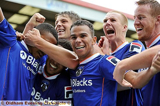 Connor Brown leads the celebrations after Cristian Montano’s superb goal for Athletic at Stevenage. Connor Brown leads the celebrations after Cristian Montano’s superb goal for Athletic at Stevenage.